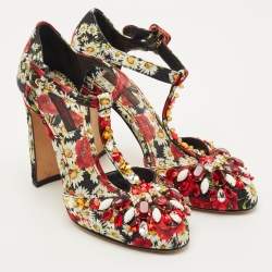 Pre Owned Dolce & Gabbana Multicolor Brocade Fabric Crystal Embellished  Mary Jane Pumps Size 36