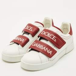 Pre Owned Dolce & Gabbana White/Red Leather Logo Velcro Strap Low Top Sneakers Size 39