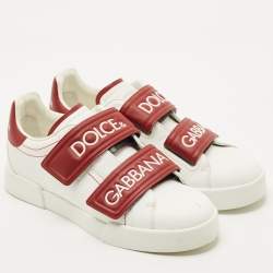 Pre Owned Dolce & Gabbana White/Red Leather Logo Velcro Strap Low Top Sneakers Size 39