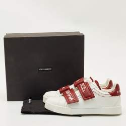 Pre Owned Dolce & Gabbana White/Red Leather Logo Velcro Strap Low Top Sneakers Size 39