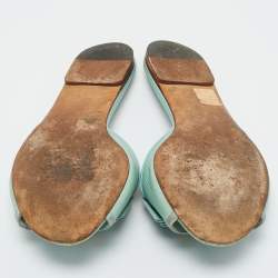 Pre Owned Dolce & Gabbana Blue Lizard Embossed Leather Crystal Embellished Bow Flat Slides Size Size 38.5