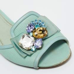 Pre Owned Dolce & Gabbana Blue Lizard Embossed Leather Crystal Embellished Bow Flat Slides Size Size 38.5