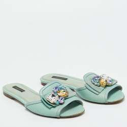 Pre Owned Dolce & Gabbana Blue Lizard Embossed Leather Crystal Embellished Bow Flat Slides Size Size 38.5