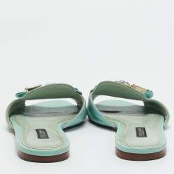 Pre Owned Dolce & Gabbana Blue Lizard Embossed Leather Crystal Embellished Bow Flat Slides Size Size 38.5