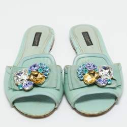 Pre Owned Dolce & Gabbana Blue Lizard Embossed Leather Crystal Embellished Bow Flat Slides Size Size 38.5