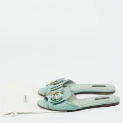 Pre Owned Dolce & Gabbana Blue Lizard Embossed Leather Crystal Embellished Bow Flat Slides Size Size 38.5