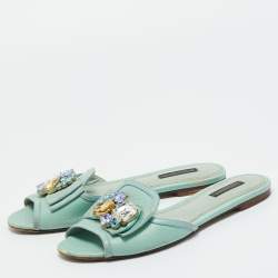 Pre Owned Dolce & Gabbana Blue Lizard Embossed Leather Crystal Embellished Bow Flat Slides Size Size 38.5