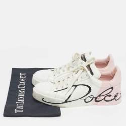 Pre Owned Dolce & Gabbana White/Pink Leather Portofino Low Top Sneakers Size 37