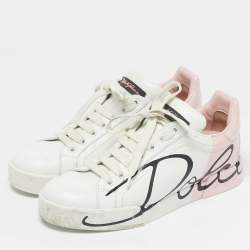 Pre Owned Dolce & Gabbana White/Pink Leather Portofino Low Top Sneakers Size 37