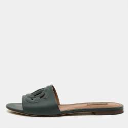 Pre Owned Dolce & Gabbana Dark Moss Green Leather DG Cut Out Flat Slide Sandals Size 38
