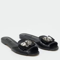 Pre Owned Dolce & Gabbana Black  Lizard Embossed Leather Crystal Embellish Flat Slides Size 40