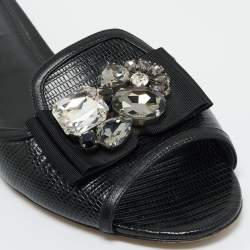 Pre Owned Dolce & Gabbana Black  Lizard Embossed Leather Crystal Embellish Flat Slides Size 40