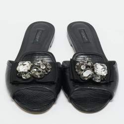 Pre Owned Dolce & Gabbana Black  Lizard Embossed Leather Crystal Embellish Flat Slides Size 40