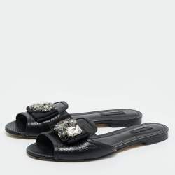 Pre Owned Dolce & Gabbana Black  Lizard Embossed Leather Crystal Embellish Flat Slides Size 40