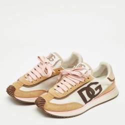 Pre Owned Dolce & Gabbana White/Brown Suede and Leather DG Cushion Sneakers Size 37.5