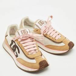 Pre Owned Dolce & Gabbana White/Brown Suede and Leather DG Cushion Sneakers Size 37.5