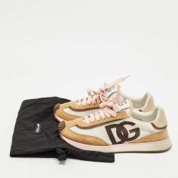 Pre Owned Dolce & Gabbana White/Brown Suede and Leather DG Cushion Sneakers Size 37.5