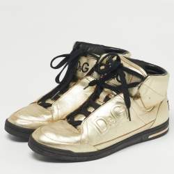 Pre Owned Dolce & Gabbana Gold Leather High Top Sneakers Size 37.5