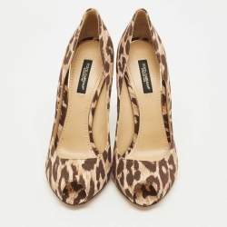 Pre Owned Dolce & Gabbana Brown/Beige Leopard Print Fabric Peep Toe Pumps Size 37.5