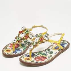 Pre Owned Dolce & Gabbana Multicolor Patent Crystal Embellished Thong Strap Flat Sandals Size 37