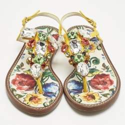 Pre Owned Dolce & Gabbana Multicolor Patent Crystal Embellished Thong Strap Flat Sandals Size 37