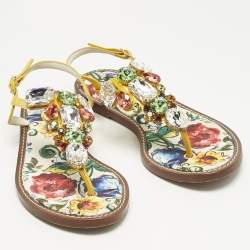 Pre Owned Dolce & Gabbana Multicolor Patent Crystal Embellished Thong Strap Flat Sandals Size 37