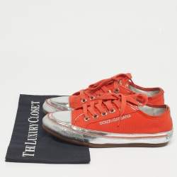مملوكة مسبقًا Dolce & Gabbana Orange/Sliver Leather and Canvas Lace Up Low Top Sneakers Size 37
