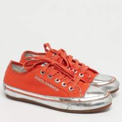 مملوكة مسبقًا Dolce & Gabbana Orange/Sliver Leather and Canvas Lace Up Low Top Sneakers Size 37