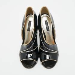 Pre Owned Dolce & Gabbana Black Patent Leather Piping Detail Peep Toe D'orsay Pumps Size 36