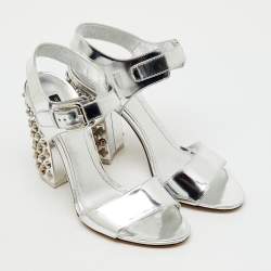 Pre Owned Dolce & Gabbana Silver Leather Embellished Block Heel Ankle Strap Sandals Size 41