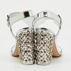 Pre Owned Dolce & Gabbana Silver Leather Embellished Block Heel Ankle Strap Sandals Size 41