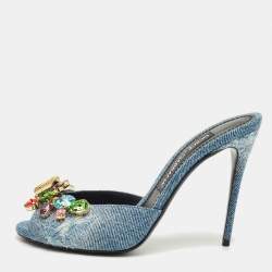 Pre Owned Dolce & Gabbana Blue Denim Stiletto Heel Peep toe Slide Sandals Size 37.5