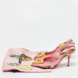 Pre Owned Dolce & Gabbana Pink Pineapple Print Fabric Embellished Slingback Pumps Size 37.5