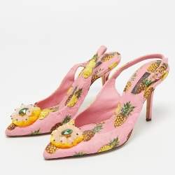 Pre Owned Dolce & Gabbana Pink Pineapple Print Fabric Embellished Slingback Pumps Size 37.5