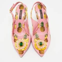 Pre Owned Dolce & Gabbana Pink Pineapple Print Fabric Embellished Slingback Pumps Size 37.5