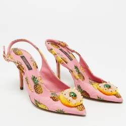 Pre Owned Dolce & Gabbana Pink Pineapple Print Fabric Embellished Slingback Pumps Size 37.5