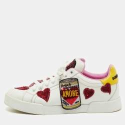 Pre Owned Dolce & Gabbana White/Yellow Leather Amore Heart Embroidered Low Top Sneakers Size 41