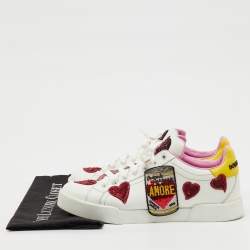 Pre Owned Dolce & Gabbana White/Yellow Leather Amore Heart Embroidered Low Top Sneakers Size 41