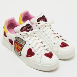Pre Owned Dolce & Gabbana White/Yellow Leather Amore Heart Embroidered Low Top Sneakers Size 41
