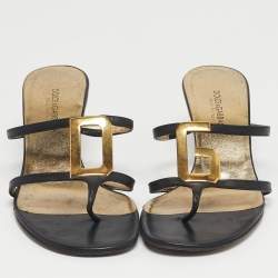 Pre Owned Dolce & Gabbana Black Leather Logo Plaque Thong Sandals Size 36