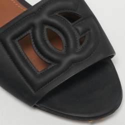 Pre Owned Dolce & Gabbana Black Leather  DG Cut Out Flat Slide Size 39.5