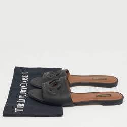 Pre Owned Dolce & Gabbana Black Leather  DG Cut Out Flat Slide Size 39.5