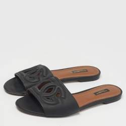 Pre Owned Dolce & Gabbana Black Leather  DG Cut Out Flat Slide Size 39.5