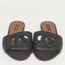Pre Owned Dolce & Gabbana Black Leather  DG Cut Out Flat Slide Size 39.5
