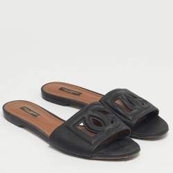 Pre Owned Dolce & Gabbana Black Leather  DG Cut Out Flat Slide Size 39.5