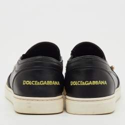 Pre Owned Dolce & Gabbana Black Leather Embellished Slip On Sneakers Size 39