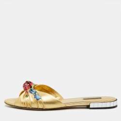 Pre Owned Dolce & Gabbana Gold Leather Floral Print Knot Flat Slide Sandals SIze 41