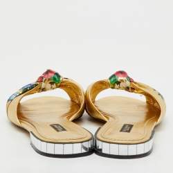Pre Owned Dolce & Gabbana Gold Leather Floral Print Knot Flat Slide Sandals SIze 41