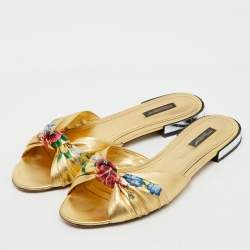 Pre Owned Dolce & Gabbana Gold Leather Floral Print Knot Flat Slide Sandals SIze 41