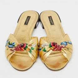 Pre Owned Dolce & Gabbana Gold Leather Floral Print Knot Flat Slide Sandals SIze 41